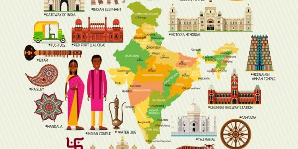 India Travel Map with Sightseeing Places. Vector Illustration.