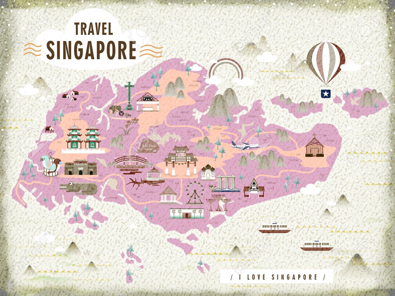 Singapore travel map Singapore travel map with lovely attractions in flat design