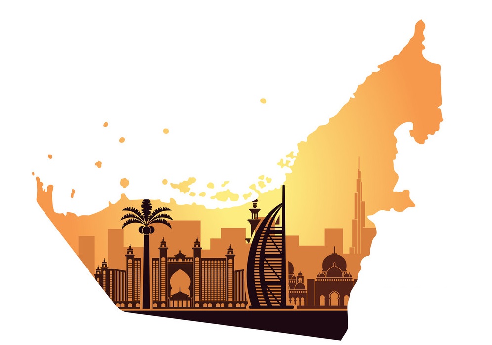 Abu Dhabi Skyline of Dubai with camel in the form of a map of the UAE
