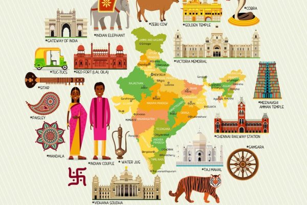 India Travel Map with Sightseeing Places. Vector Illustration.