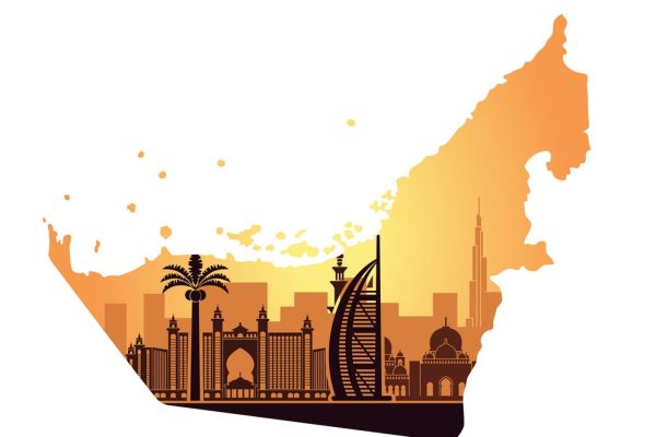 Skyline of Dubai with camel in the form of a map of the UAE